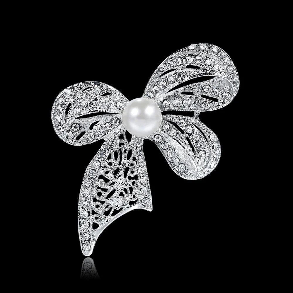 Elegant Rhinestone Bow Brooch With White Pearl Center, Plated Alloy Lapel Pin Corsage Suit Accessory Gift