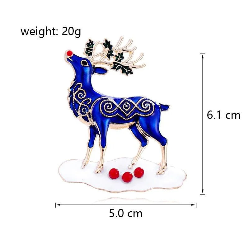 Cute Blue Enamel Christmas Reindeer Brooch With Gold Alloy Antlers, Festive Lapel Pin Corsage Gift