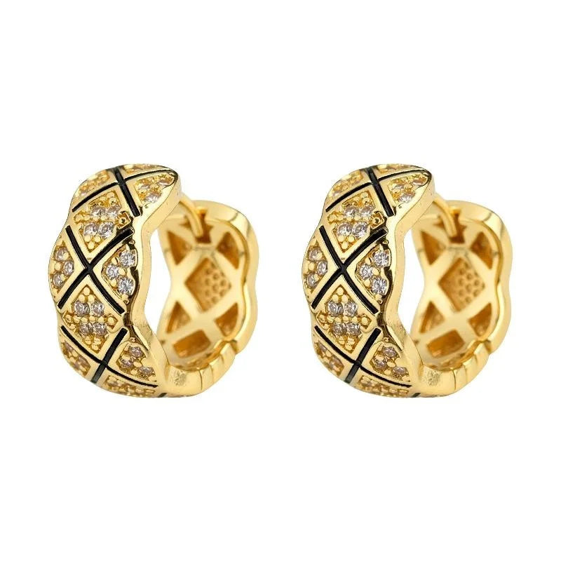 French Vintage Micro Pave Zircon Enamel Copper C-Shaped Geometric Hoop Earrings for Women