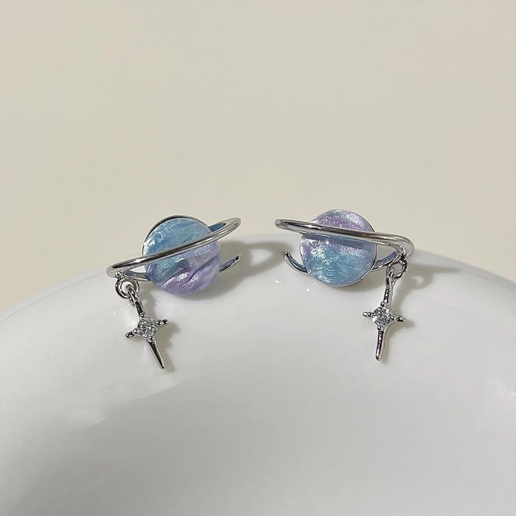 Sweet Cool Colorful Saturn Star Stud Earrings Copper Micro Pave Zircon Fashion Jewelry