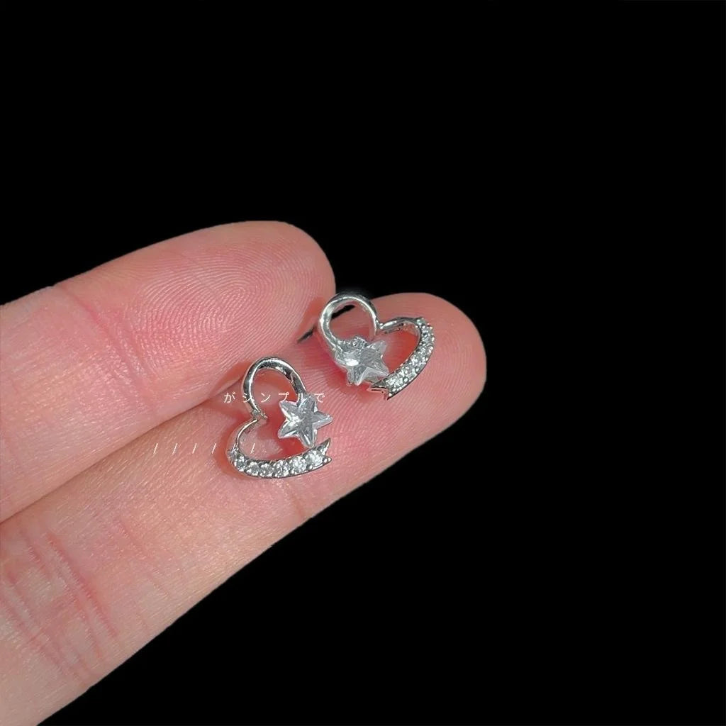 Sweet Cool Micro Pave Zircon Heart Star Stud Earrings, Copper Hollow Line Design