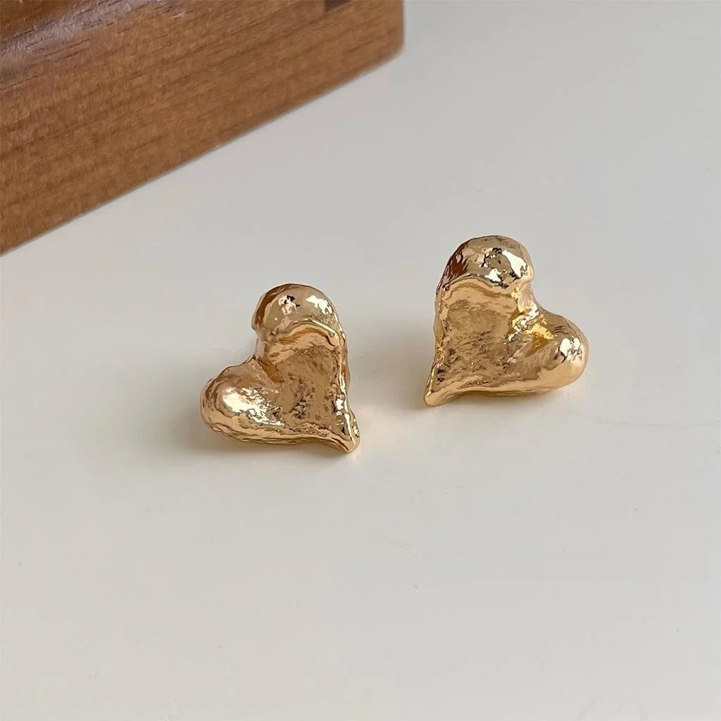 14K Plated Alloy Irregular Heart Stud Earrings Minimalist Matte Textured Jewelry