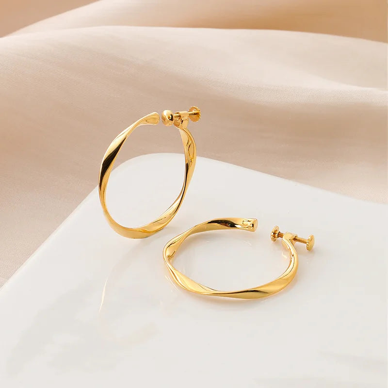 Elegant Gold Alloy Twisted Wave Hoop Stud & Clip On No Piercing Minimalist Commuter Circle Earrings
