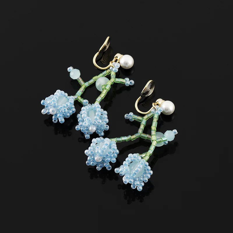 Elegant Blue Lily Of The Valley Beaded Pearl Stud & Clip On No Piercing Handmade Flower Drop Earrings