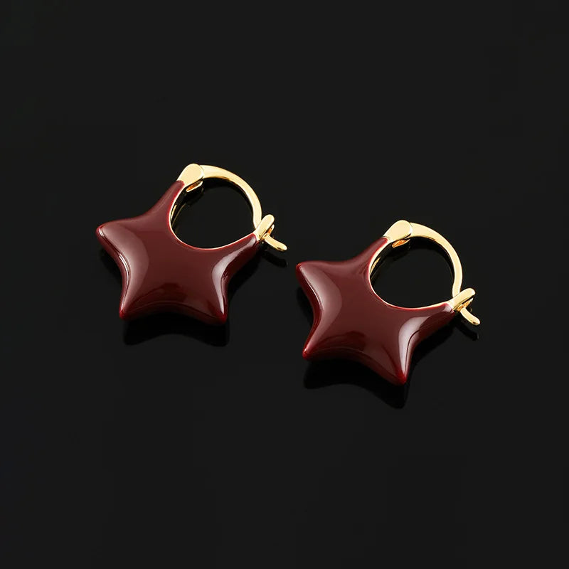 Vintage Red Enamel Five-Point Star Alloy Stud & Clip On No Piercing Gold Hoop Statement Earrings
