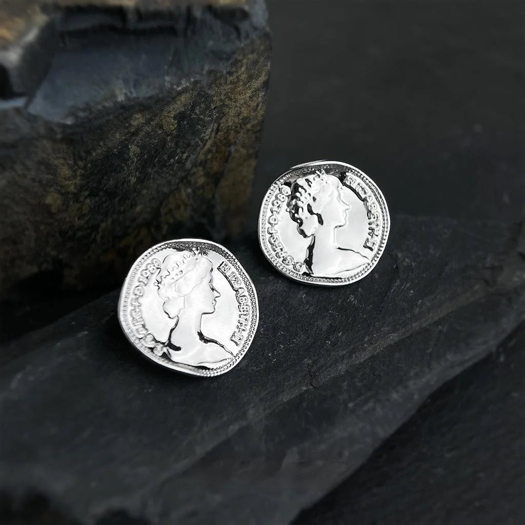 Sweet Cool Eco-Friendly Copper Curved Silver Coin Stud Earrings, Minimalist Geometric Round Design