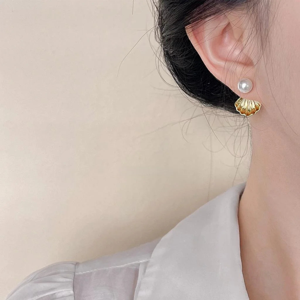14K Gold Plated Copper Shell Glass Pearl Stud Earrings, Two Way Light Luxury Minimalist Jewelry