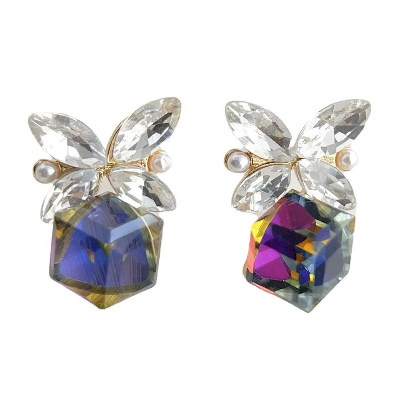 French Light Luxury Colorful 3D Glass Crystal Butterfly Stud Earrings Eco Copper Elegant Jewelry