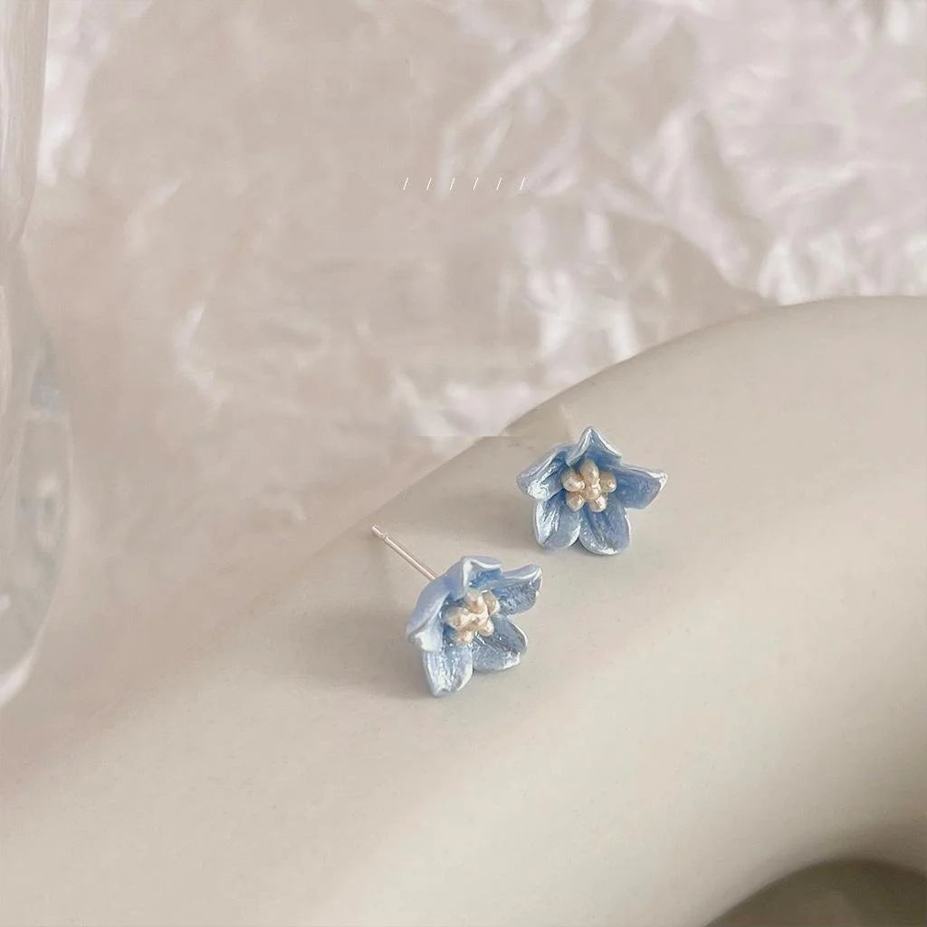 Klein Blue Resin Flower Stud Earrings With Silver Plated Pins, Sweet Korean Japanese Style