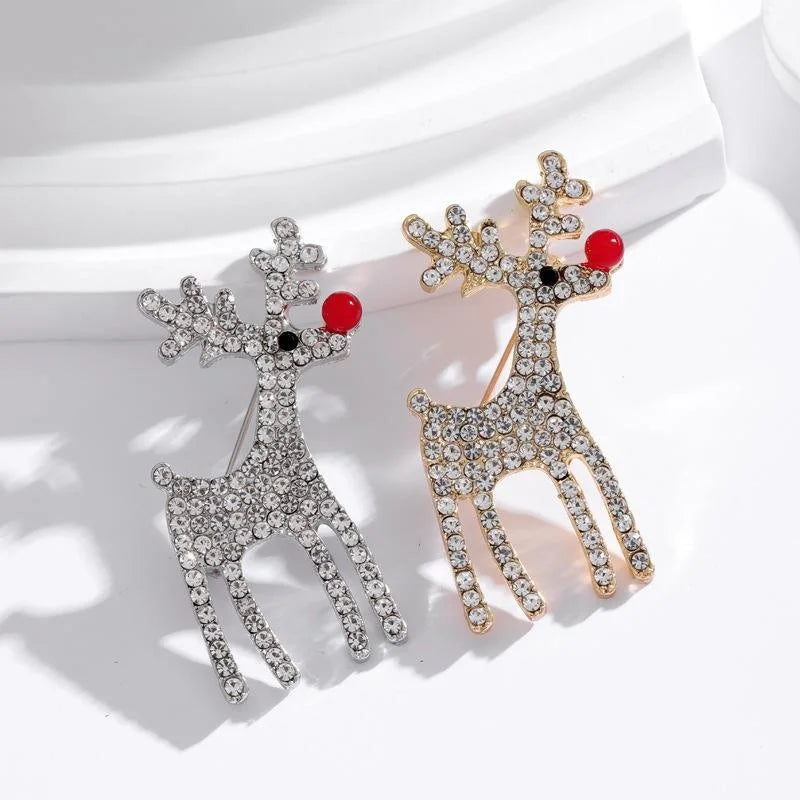 Cute Christmas Reindeer Rhinestone Alloy Brooch With Red Nose, Elegant Lapel Pin Corsage Gift