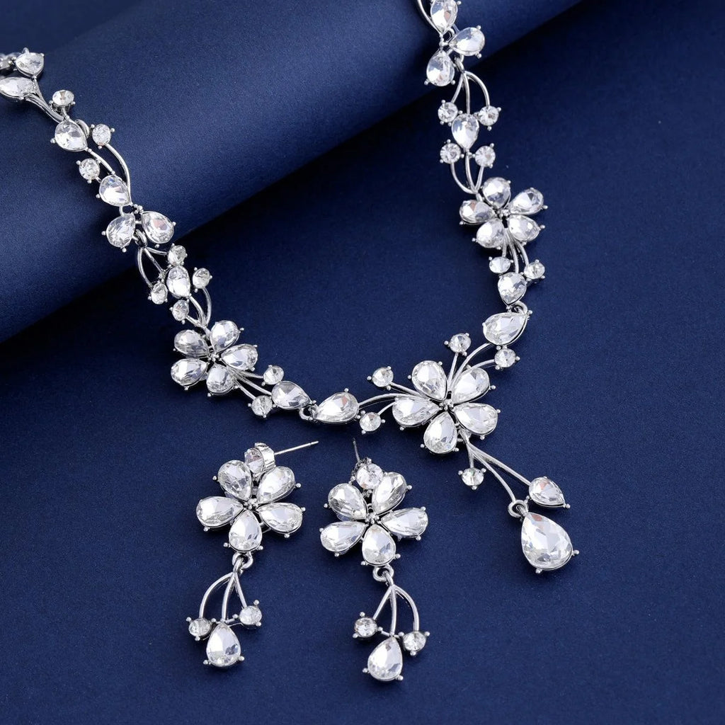 Elegant Bridal Crystal Rhinestone Flower Drop Earrings And Necklace Jewelry Set For Wedding Banquet Gift