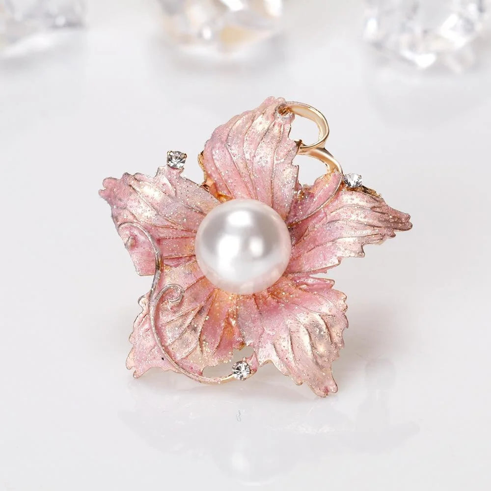 Elegant Pink Enamel Flower Brooch With Faux Pearl Rhinestones, Alloy Lapel Pin Corsage Gift