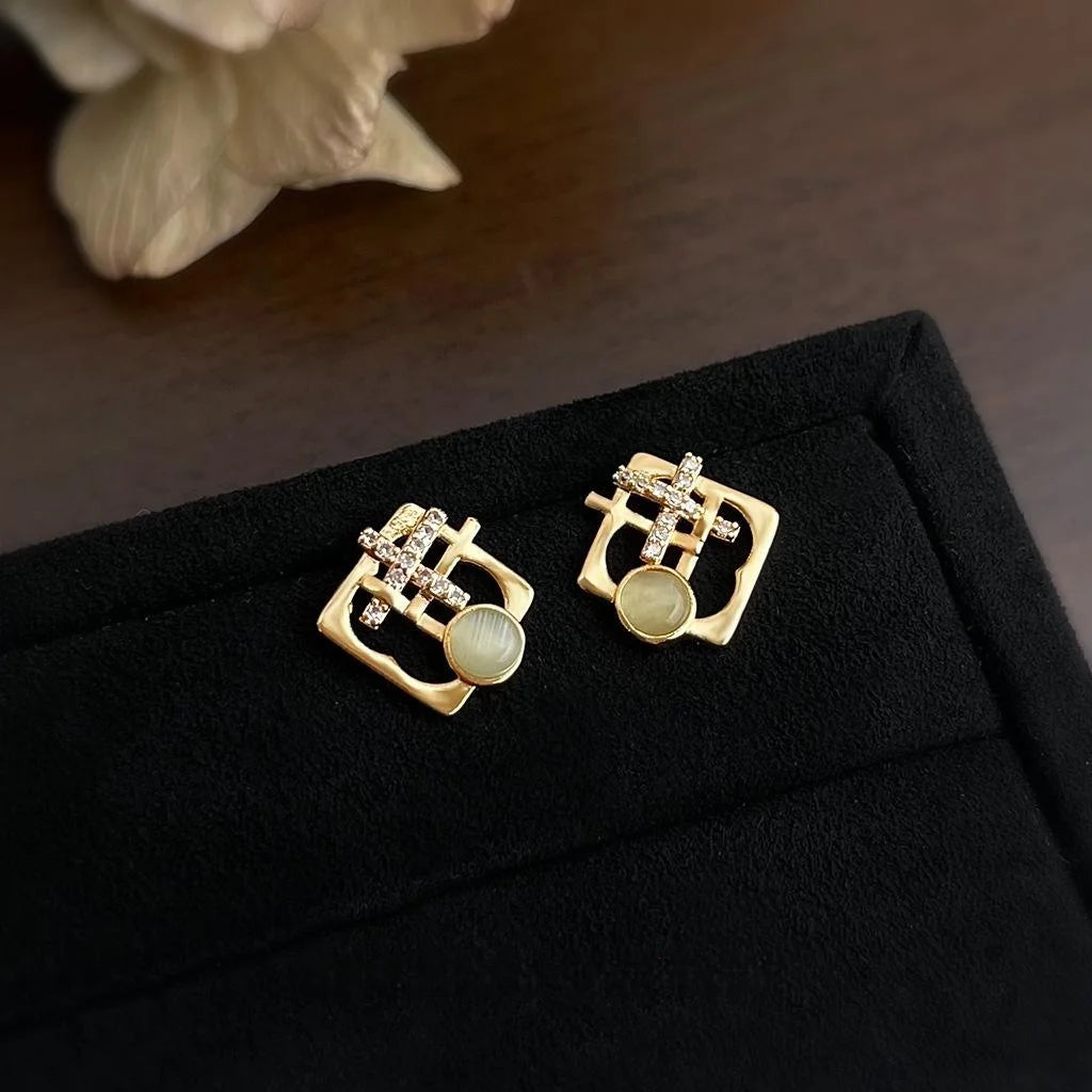 Light Luxury Geometric Glass Cat Eye Micro Pave Zircon Copper Stud Earrings