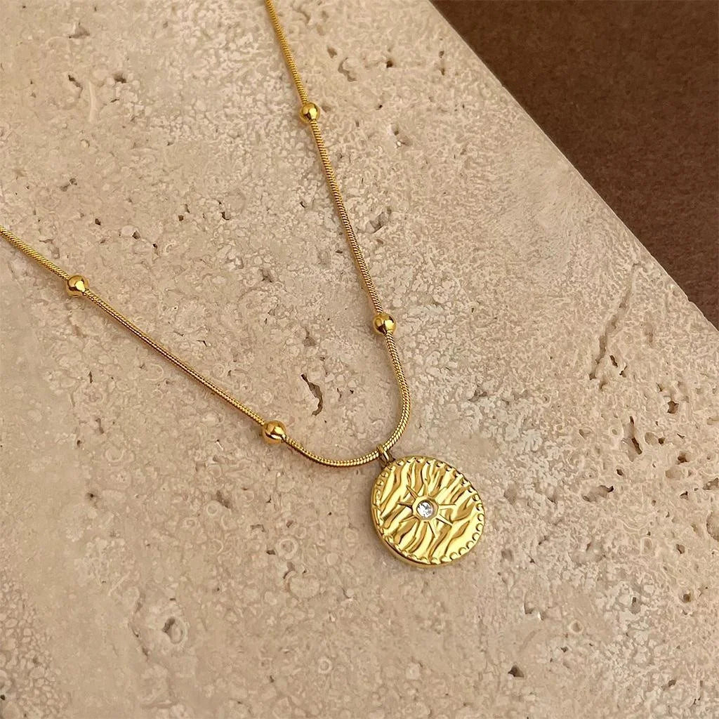 Vintage French 18K Gold Plated Stainless Steel Star Geometric Round Layering Clavicle Necklace
