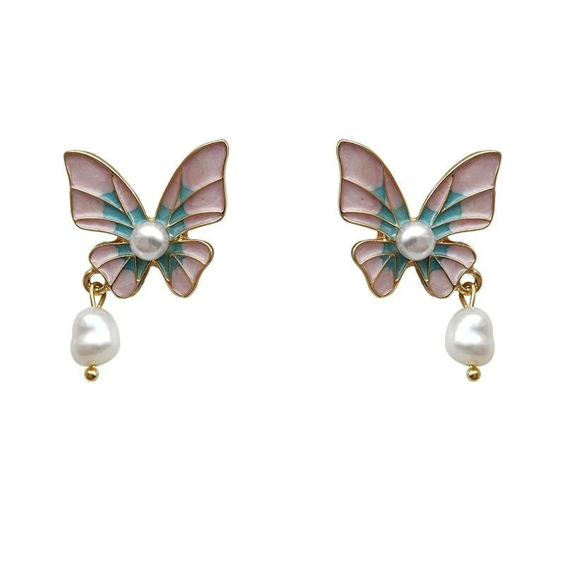 14K Plated Copper Butterfly Freshwater Pearl Stud Earrings French Vintage Handmade Jewelry