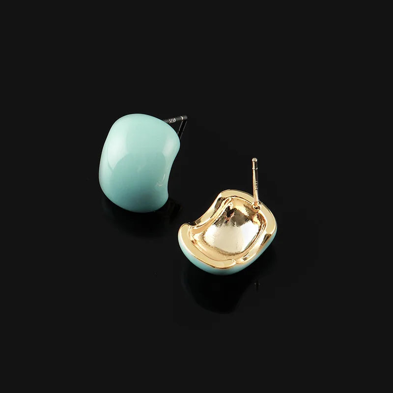Elegant Blue Enamel Bean Shape Stud & Clip On No Piercing Alloy Earrings
