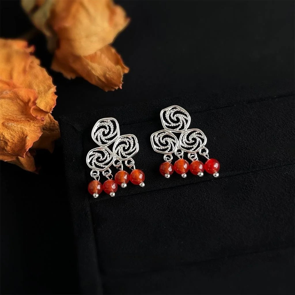 Vintage Ethnic Red Agate Drop Earrings Copper Hollow Geometric Auspicious Cloud