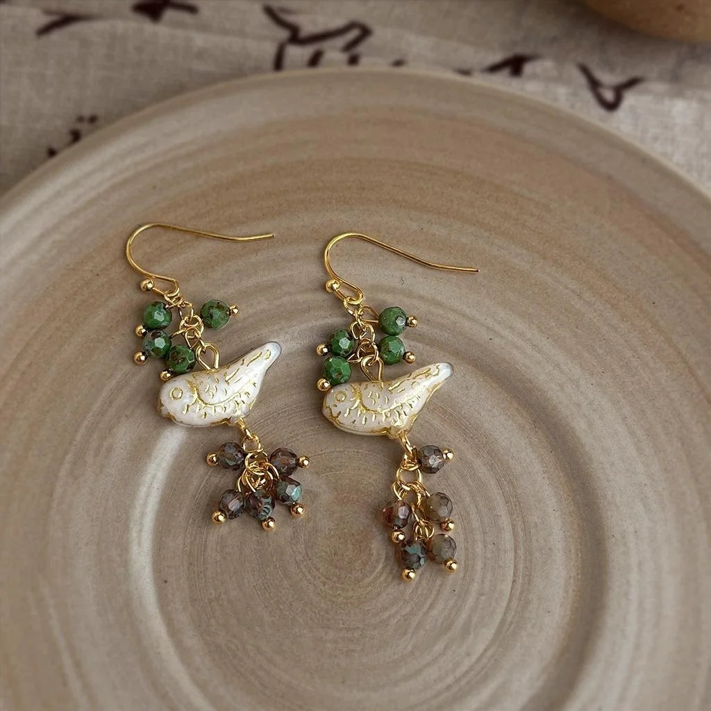 Handmade Glazed Glass Grape Cluster Bird Drop Earrings Forest Sweet Original Design Jewelry