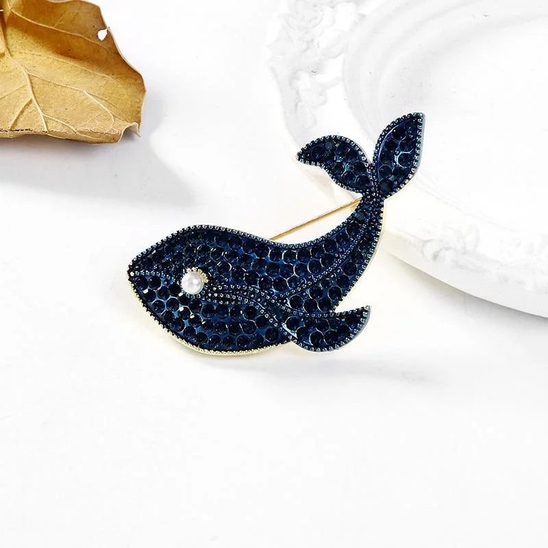 Elegant Blue Whale Rhinestone Brooch With Pearl Eye, Ocean Animal Lapel Pin Corsage Suit Accessory Gift