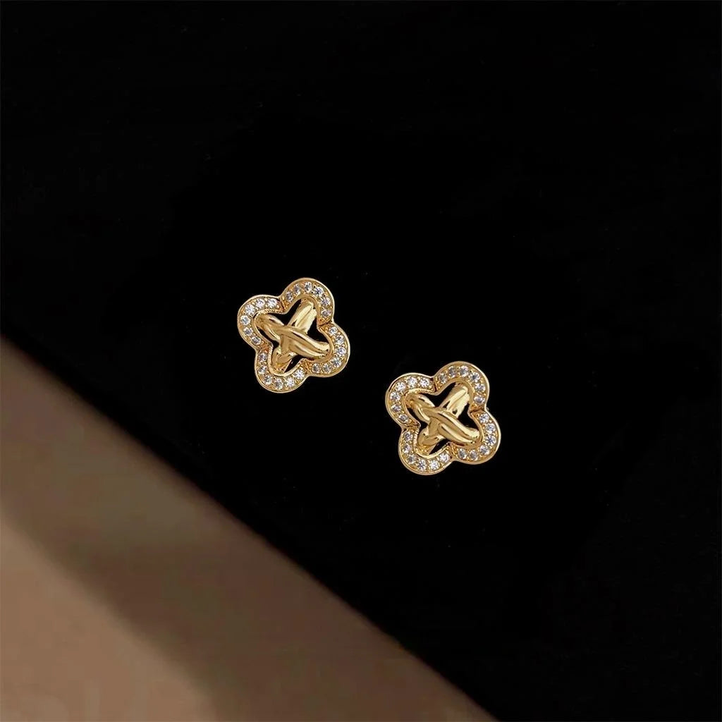 Luxury Micro Pave Zircon Copper Stud Earrings With Silver Plated Pins, Geometric Floral Petal Design