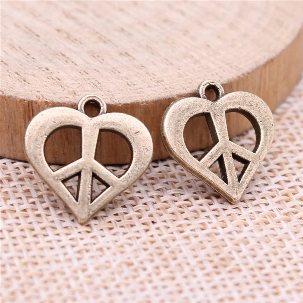 16x16mm 1.23g Antique Bronze Zinc Alloy Heart Peace Sign Charm Pendant for DIY Jewelry Making