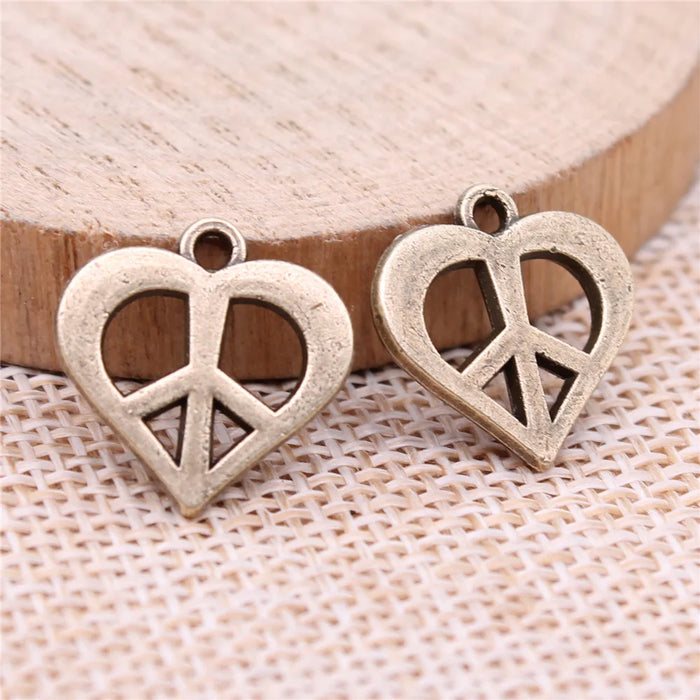 16x16mm 1.23g Antique Bronze Zinc Alloy Heart Peace Sign Charm Pendant for DIY Jewelry Making