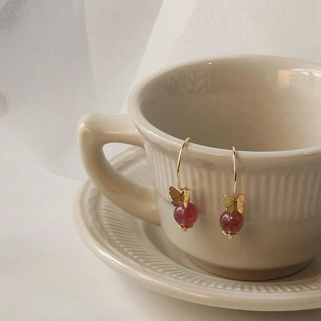 French Vintage Strawberry Quartz Beaded Butterfly Drop Earrings Sweet Elegant Long Dangle Jewelry