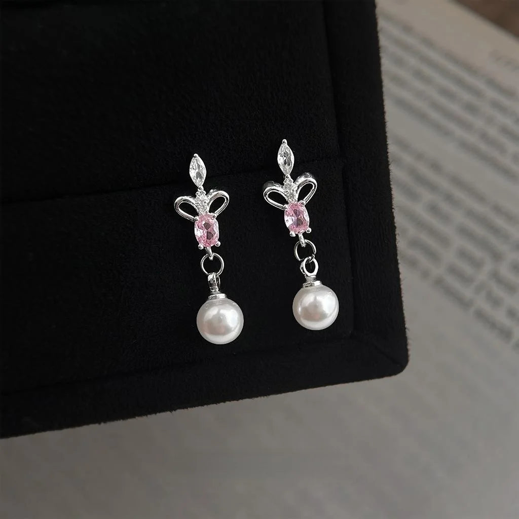 Iris Flower Zircon Pave Copper Teardrop Pearl Drop Earrings Silver Plated Vacation Style