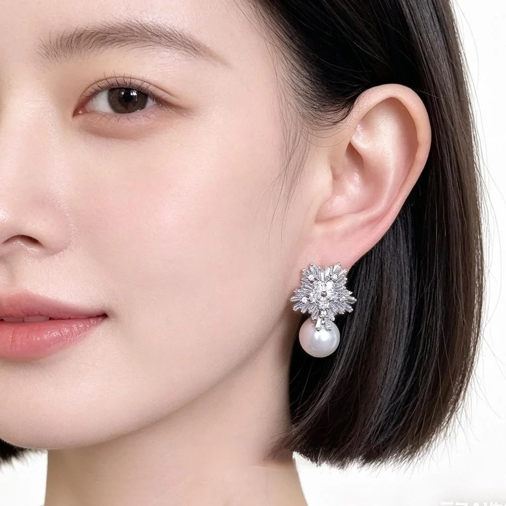 Luxury Geometric Snowflake Pearl Drop Earrings Full Zircon Eco-Friendly Copper Jewelry