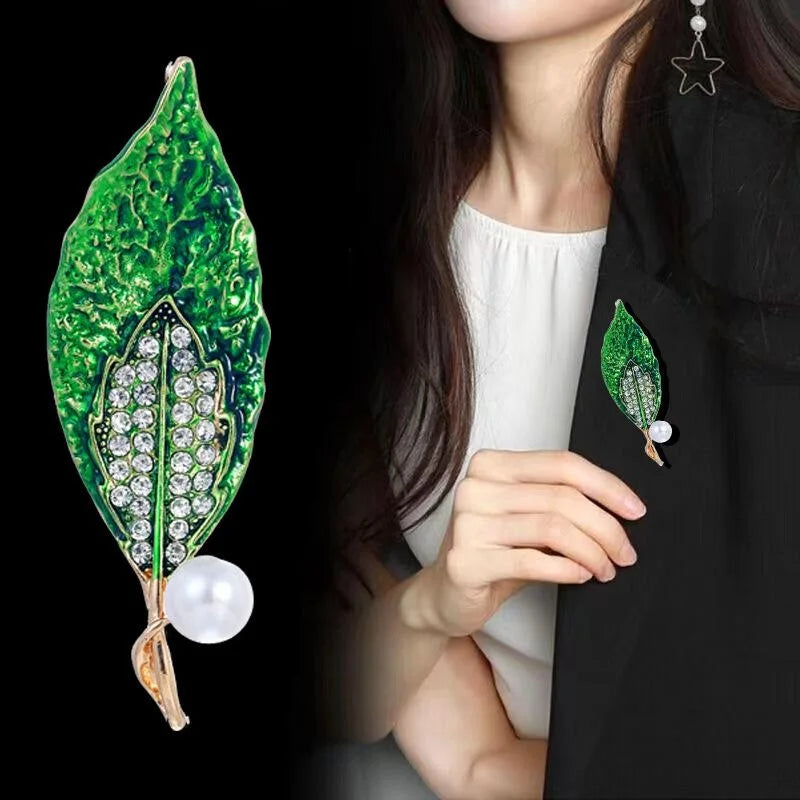 Elegant Green Enamel Double Leaf Brooch With Rhinestones And Pearl, Luxury Lapel Pin Suit Accessory Gift