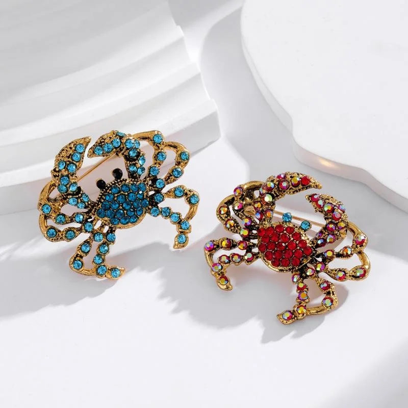 Cute Rhinestone Crab Brooch In Gold Tone Alloy, Sparkling Animal Lapel Pin Corsage Gift For Women