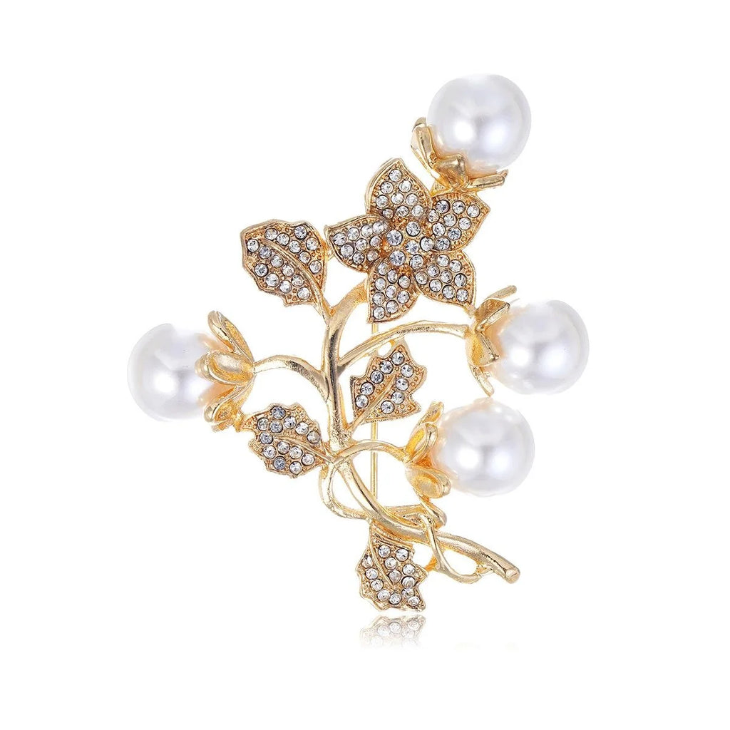 Luxury Plum Blossom Pearl Rhinestone Brooch, Gold Tone Floral Branch Lapel Pin Corsage For Coat Gift