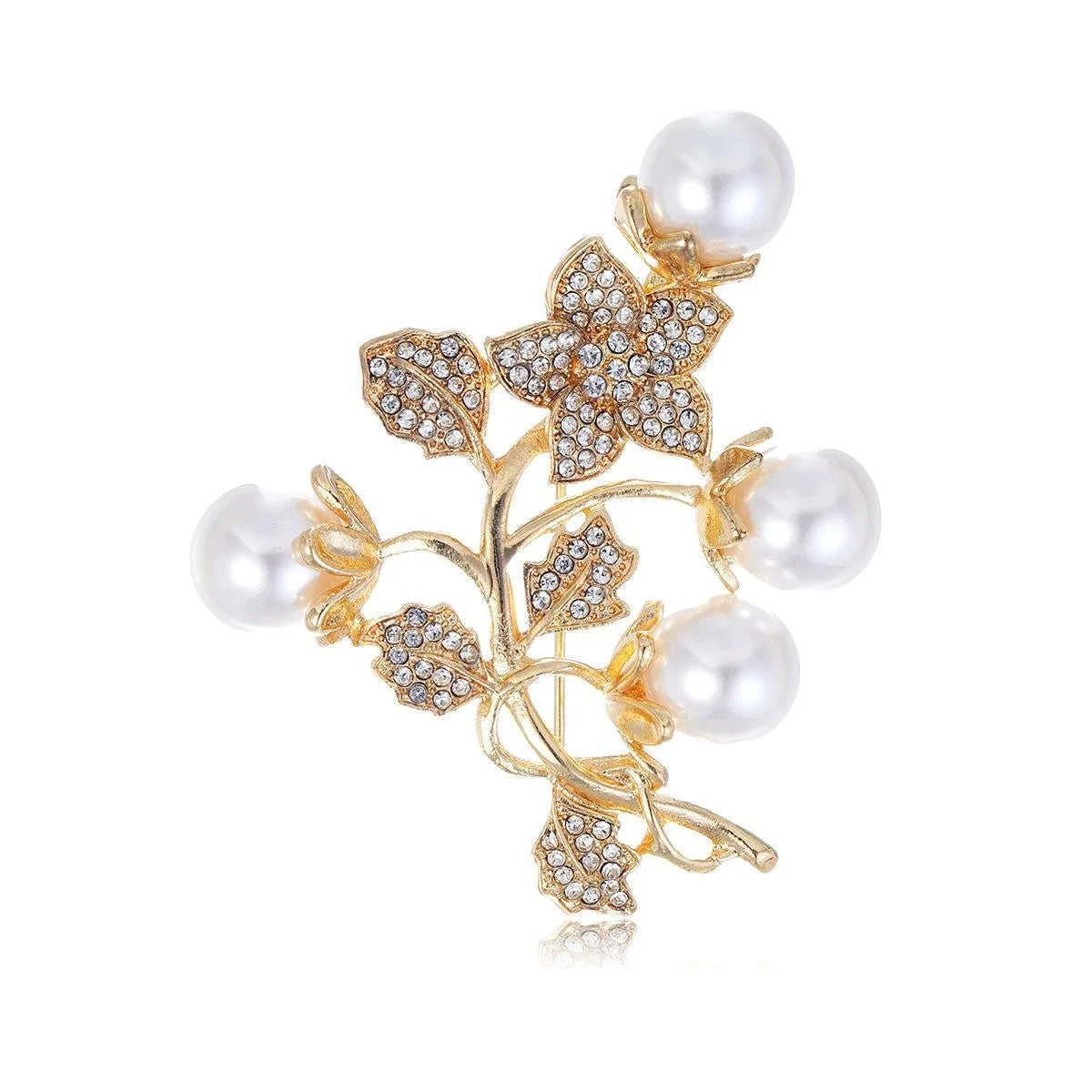 Luxury Plum Blossom Pearl Rhinestone Brooch, Gold Tone Floral Branch Lapel Pin Corsage For Coat Gift