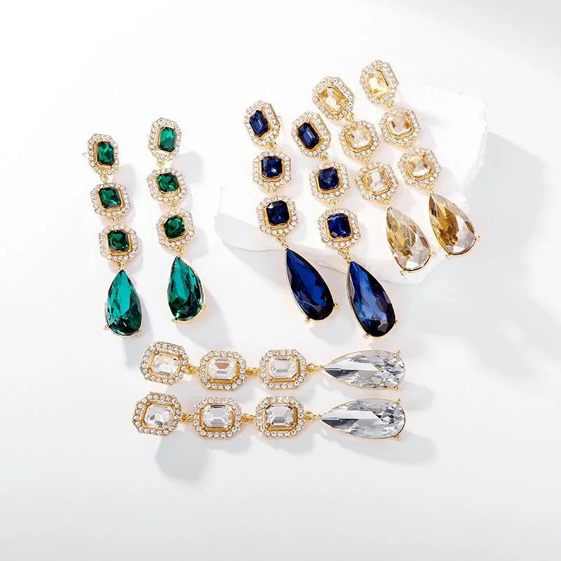 Luxury Green Crystal Rhinestone Drop Earrings Gold Tone Bridal Dangle Earrings For Wedding Party Gift