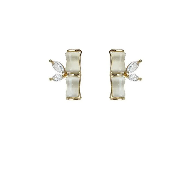 New Chinese Style Glass Cat Eye Stone Bamboo Leaf Stud Earrings Copper Micro Pave Zircon Luxury Jewelry
