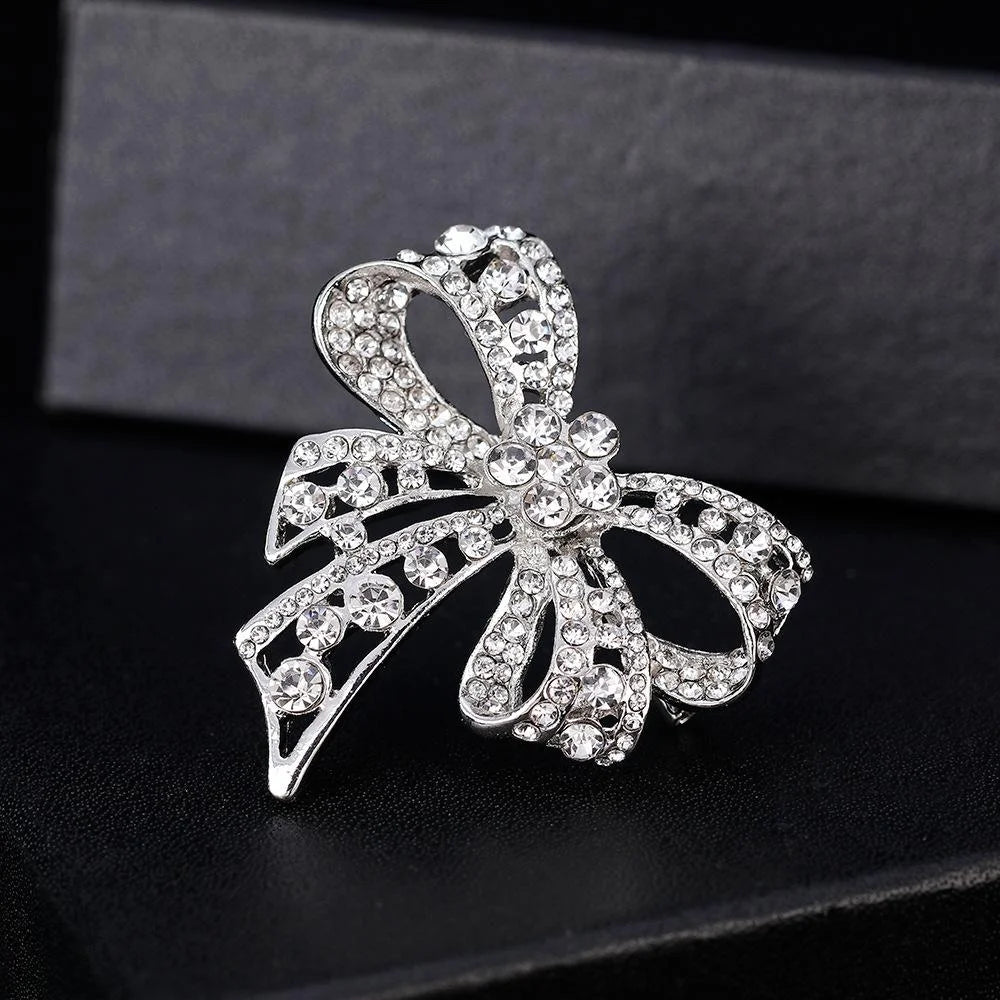 Elegant Rhinestone Bow Brooch Silver Alloy Crystal Lapel Pin Corsage For Women's Suit Accessory Gift