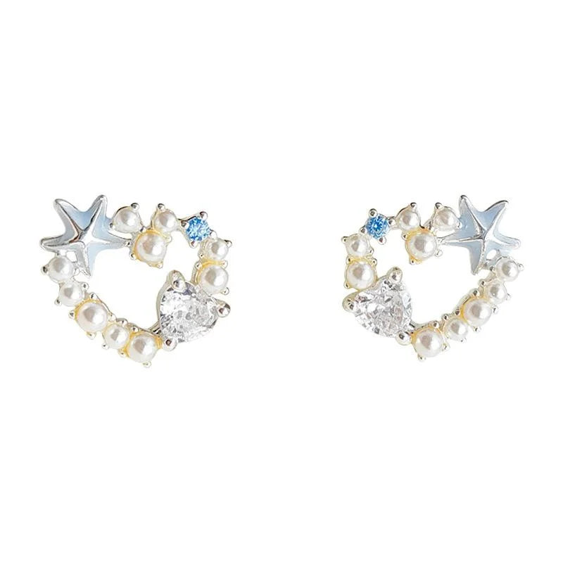 Sweet Vacation Zircon Starfish Heart Hoop Stud Earrings, Copper