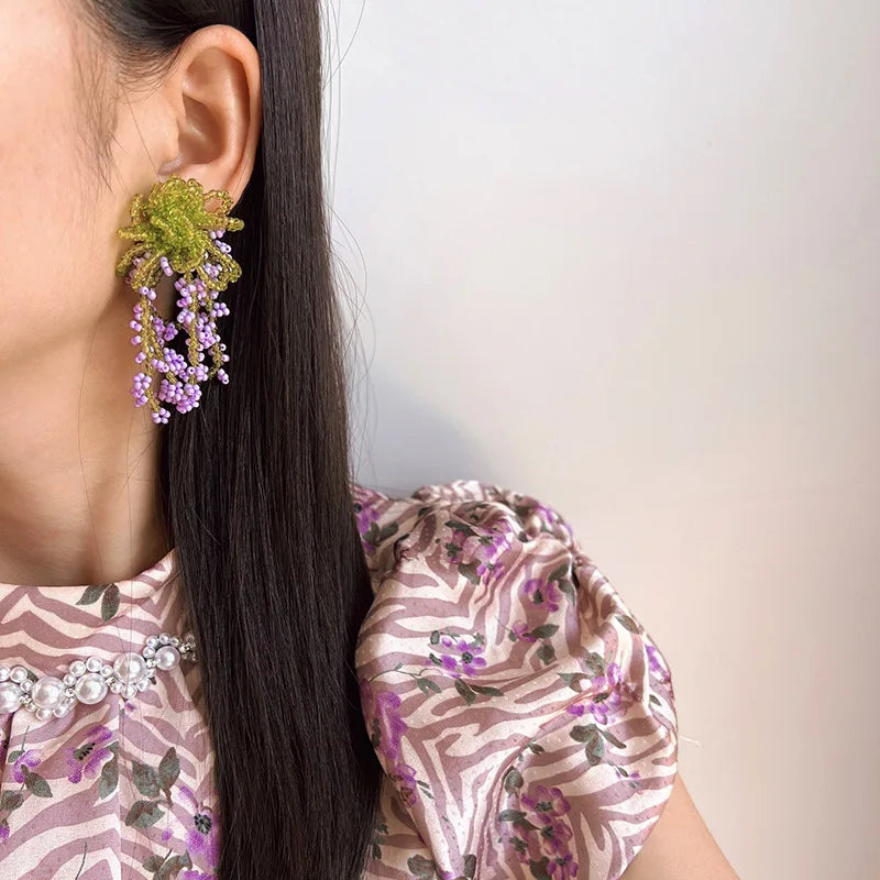 Elegant Beaded Wisteria Flower Tassel Crystal Leaf Stud & Clip On No Piercing Long Drop Earrings