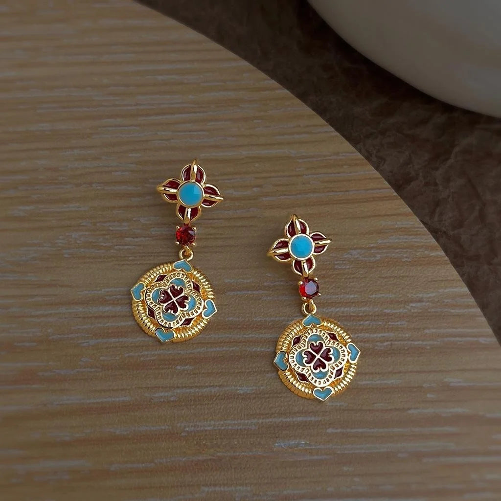 Original Ethnic Style Copper Enamel Glaze Zircon Auspicious Floral Geometric Drop Earrings