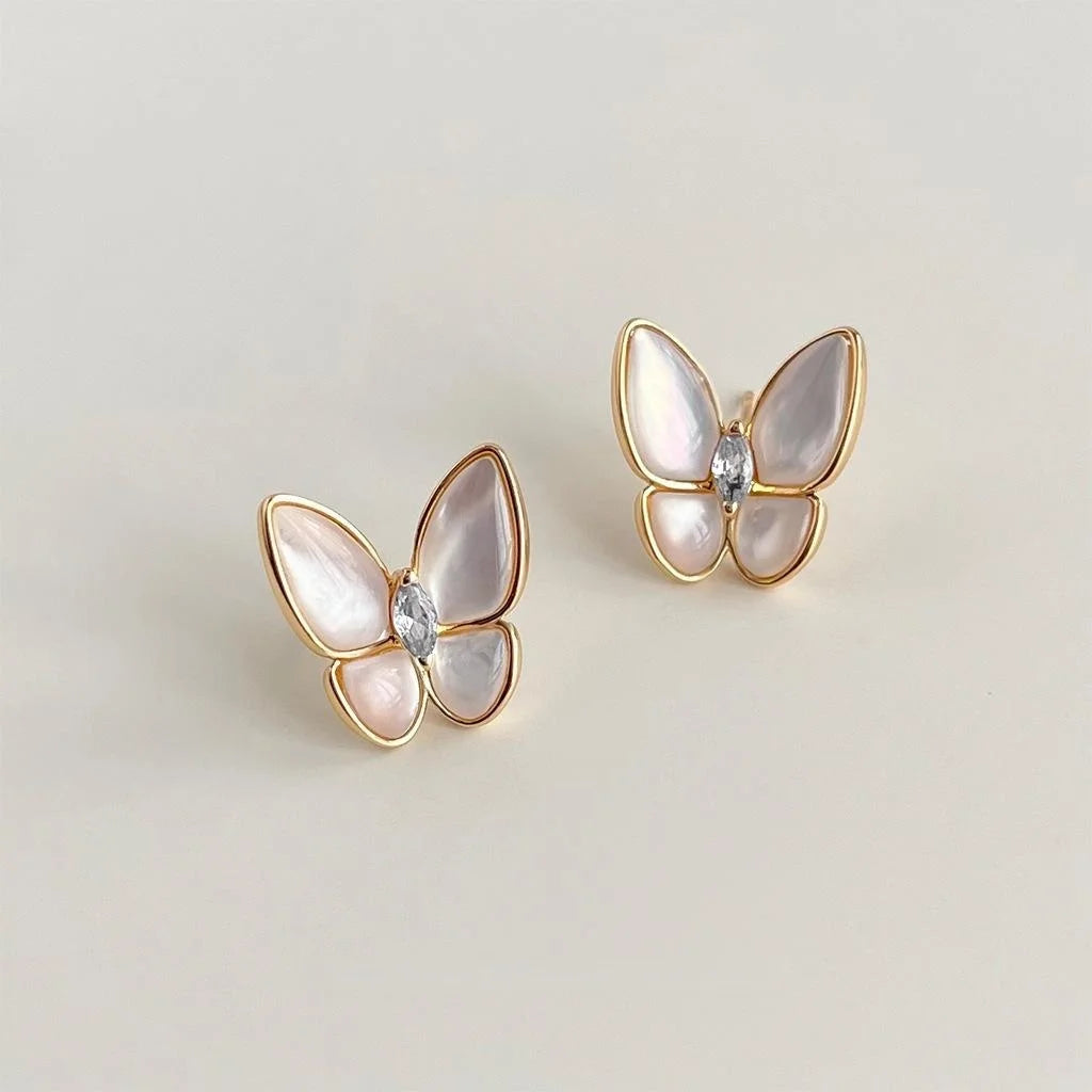 14K Gold Plated Copper White Mother Of Pearl Butterfly Stud Earrings Elegant Minimalist Jewelry
