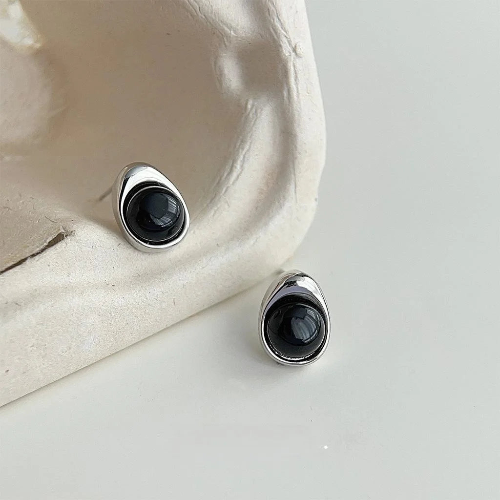 Black Agate Geometric Teardrop Stud Earrings For Women, Copper Minimalist Versatile Jewelry