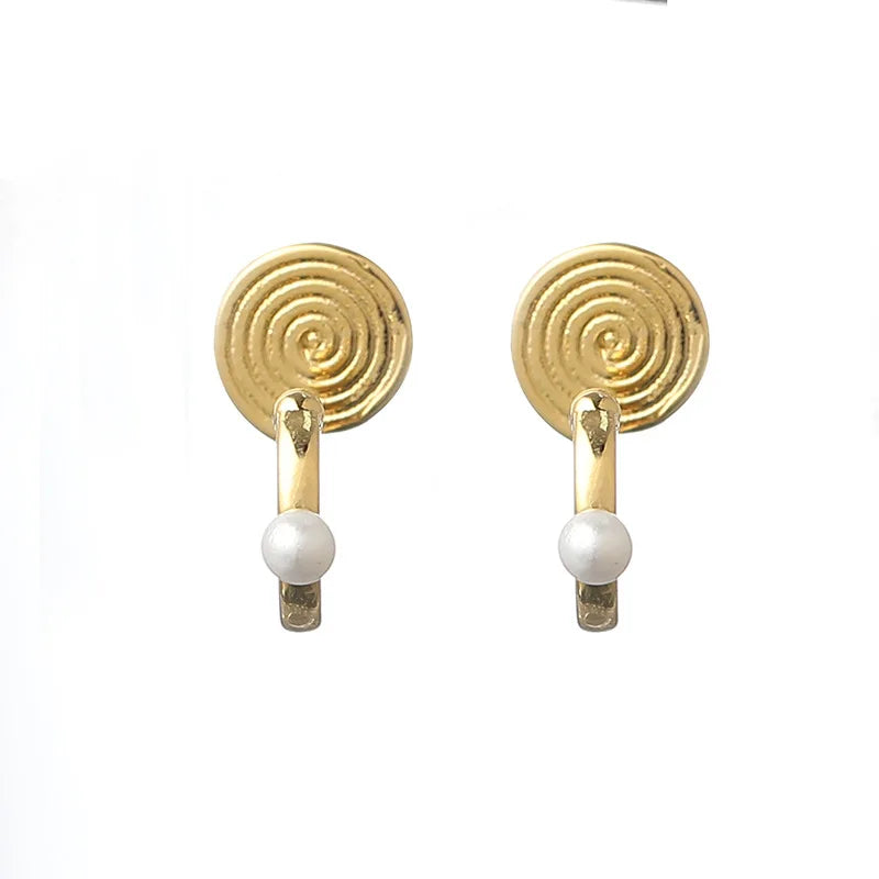 Elegant Gold Alloy Spiral Hoop Pearl Stud & Clip On No Piercing Ear Cuff Korean Style Earrings