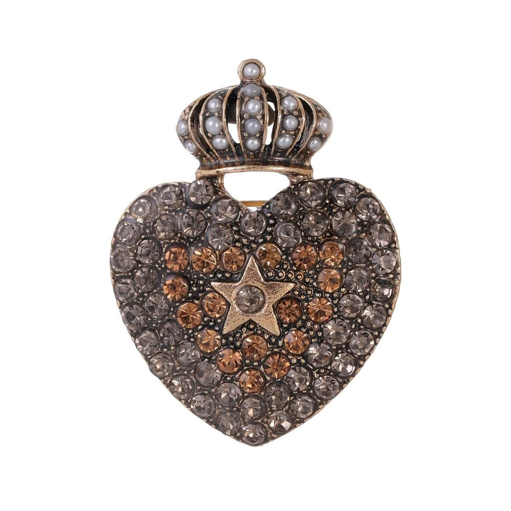 Vintage Heart Crown Brooch With Rhinestone Star And Pearl Accents, Elegant Alloy Lapel Pin Suit Accessory