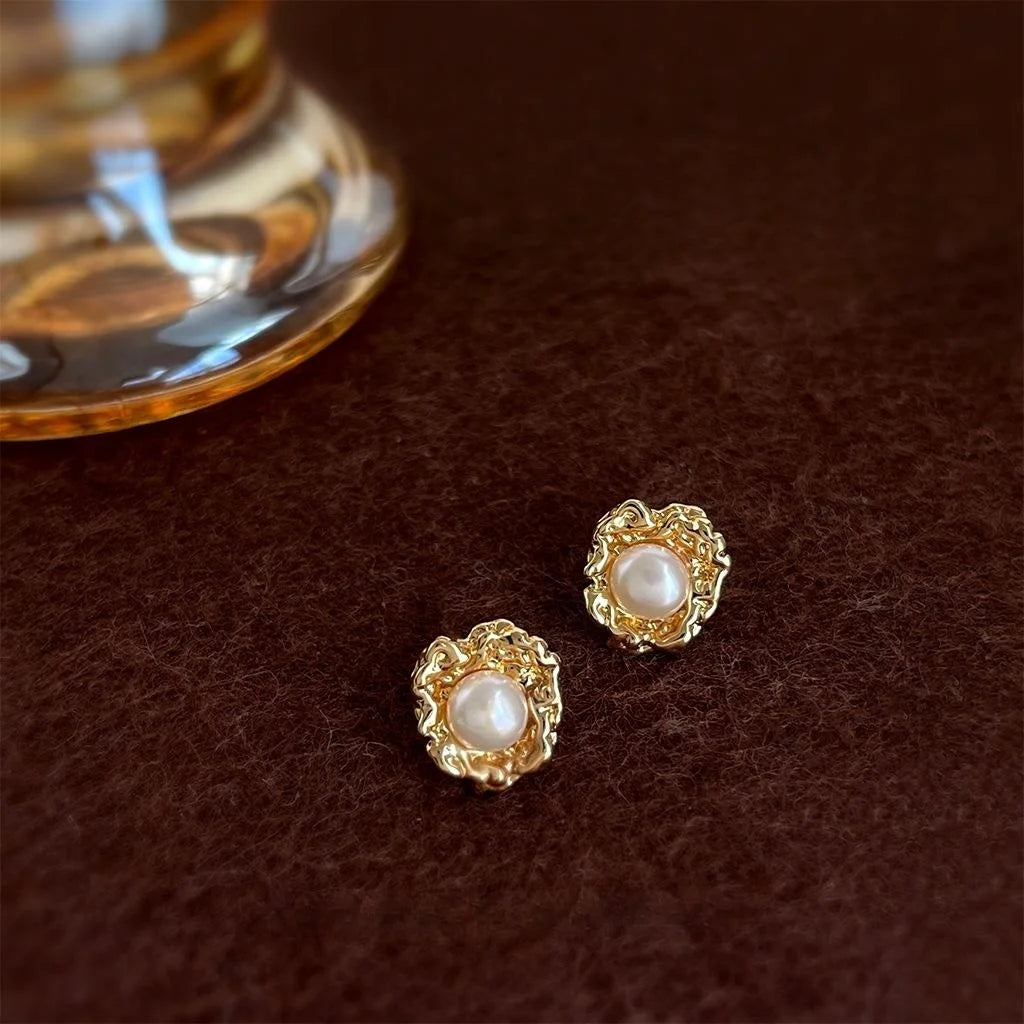 14K Plated Copper Freshwater Pearl Stud Earrings Irregular Geometric Minimalist Luxury Jewelry