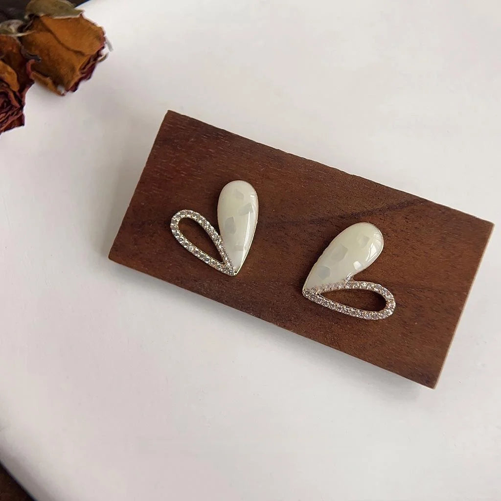 French Vintage Copper Heart Stud Earrings, Micro Pave Zircon Enamel Hollow Design