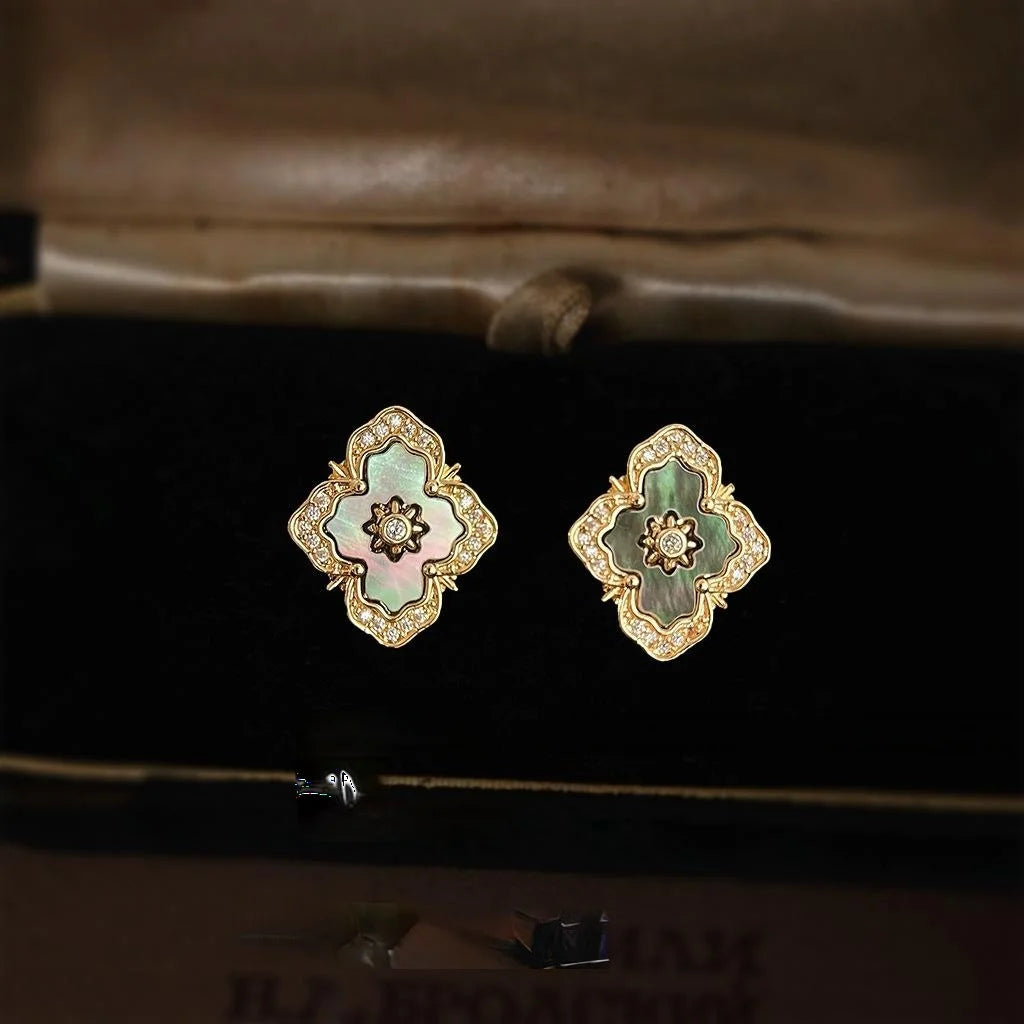 French Vintage Real Shell Cross Stud Earrings With Micro Pave Zircon 14K Plated