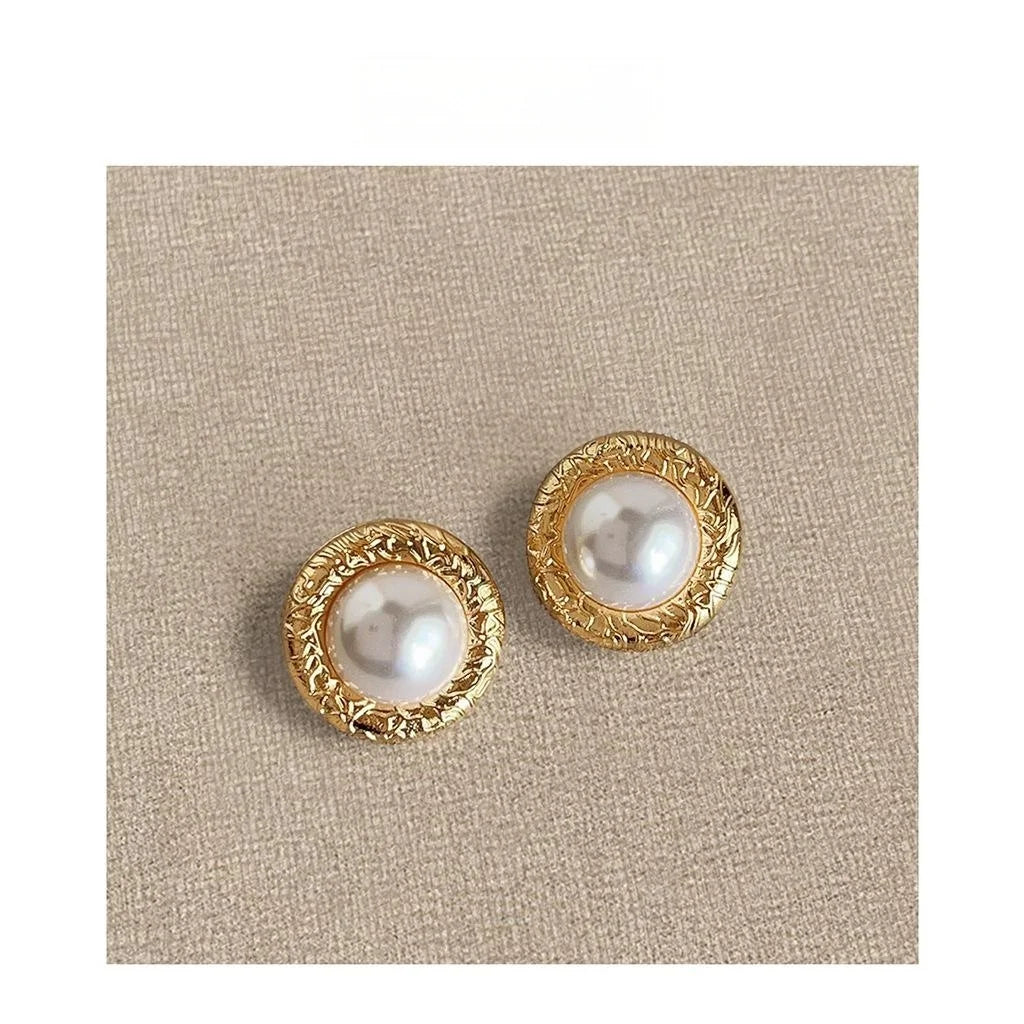 Hong Kong Vintage Round Geometric Pearl Stud Earrings 14K Plated Eco Copper