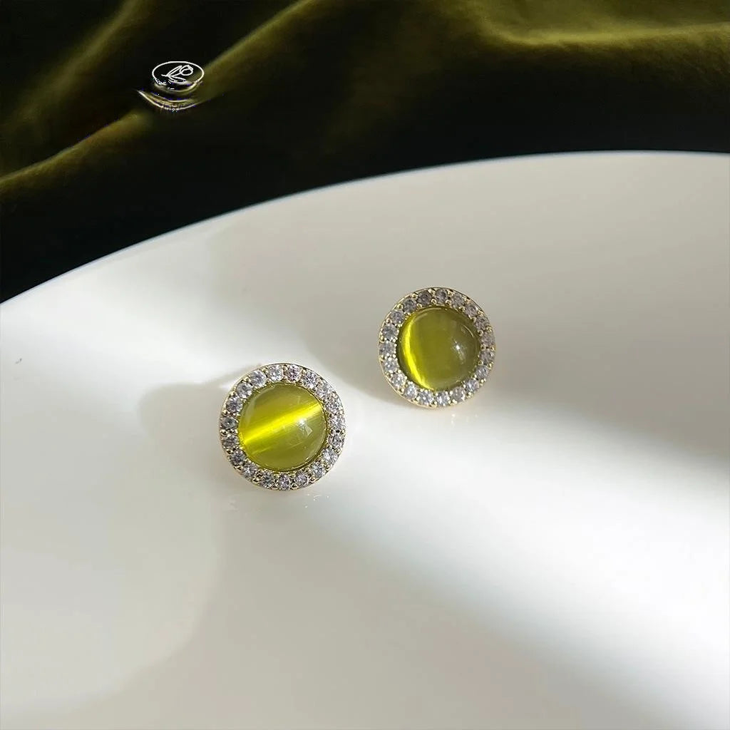 Light Luxury 14K Gold Plated Copper Round Green Cat Eye Glass Zircon Stud Earrings