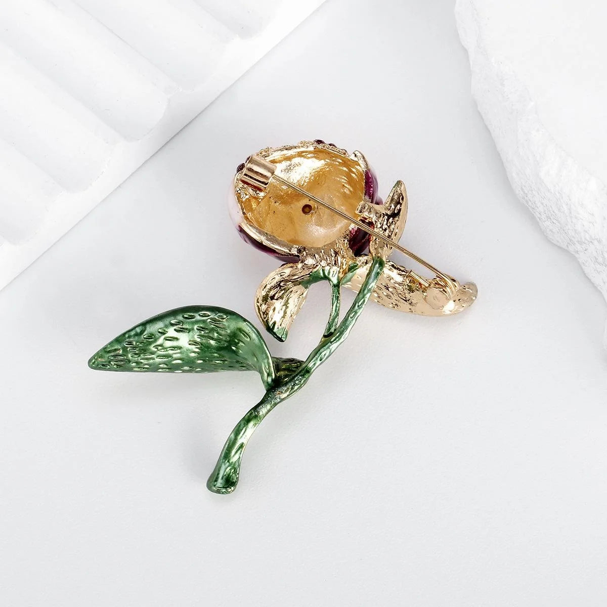 Elegant Purple Enamel Tulip Flower Brooch With Rhinestone Leaves, Women's Lapel Pin Suit Accessory Gift