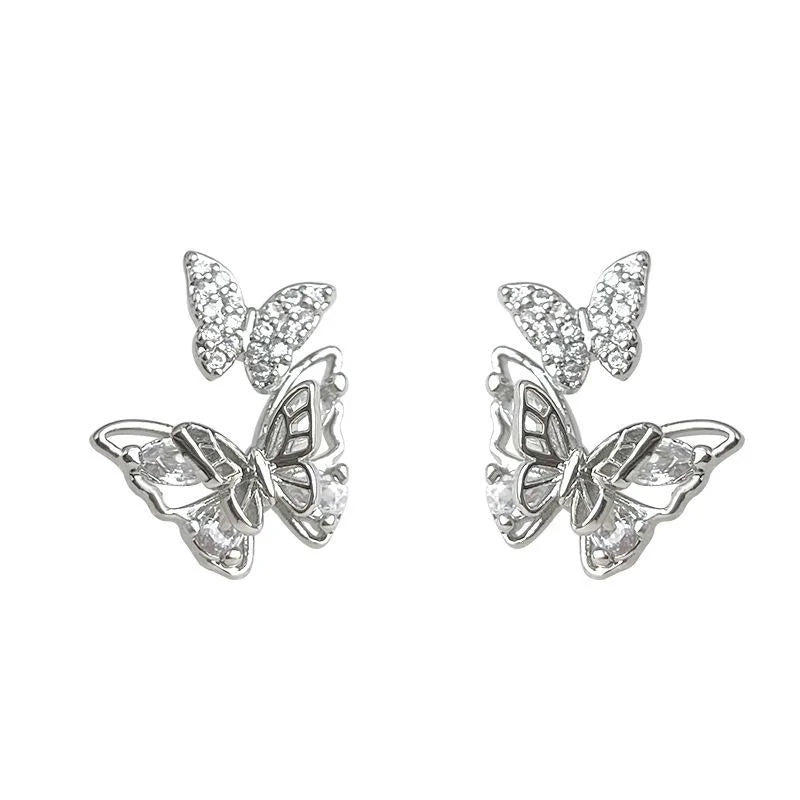 Copper Micro Pave Zircon Double Butterfly Stud Earrings Sweet Minimalist Silver Plated Pin